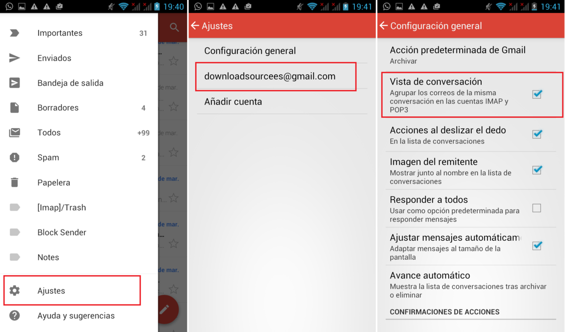 Como habilitar las conversaciones de correo electrónicos en la aplicación Gmail para dispositivos Android