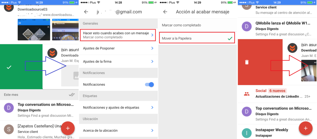 Como eliminar correoos electrónicos en Inbox en vez de marcarlos como completados