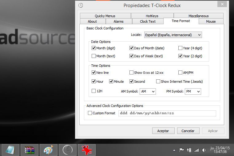 Modificar reloj de Windows con el programa T-Clock Redux