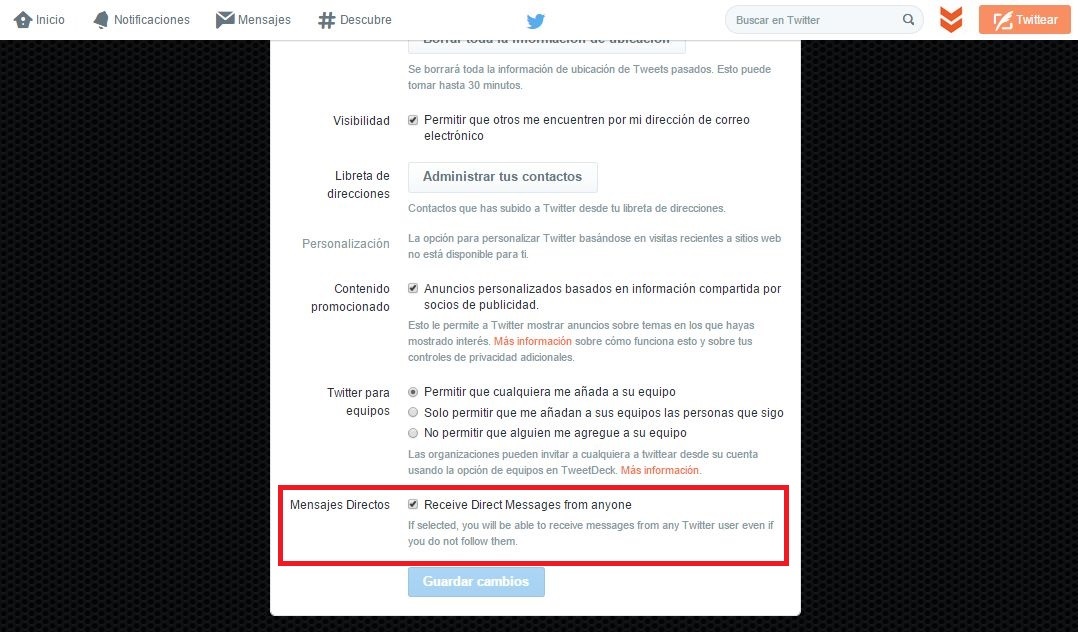 mensajes directos en Twitter
