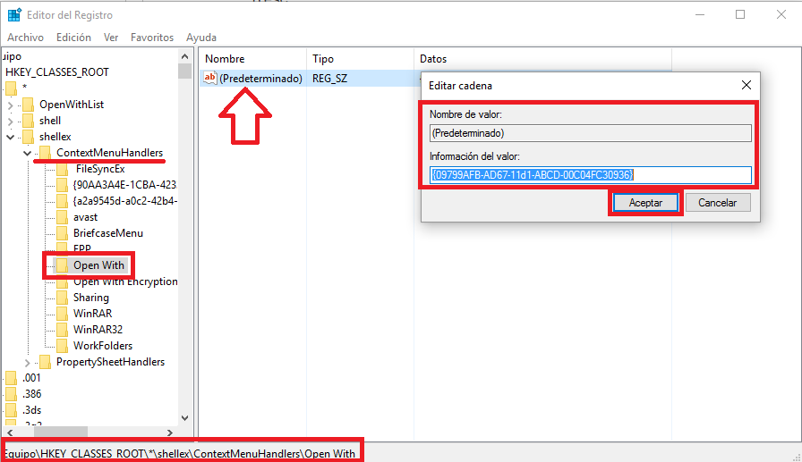 activar abrir con... en el menú contextual de Windows 10