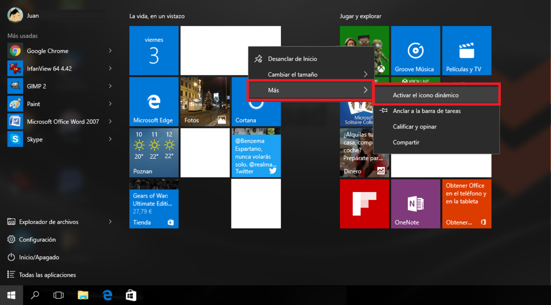 habilitar los iconos dinamicos de las baldosas del menu de inicio en windows 10