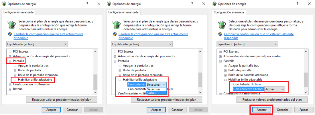 habilita el control del brillo de manera automática en windows 10