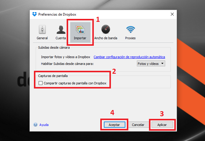 Cambia la configuración de Dropbox para que no se guarden automáticamente