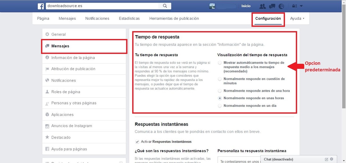 Cambiar la información del tiempo de respuesta de una pagina de facebook