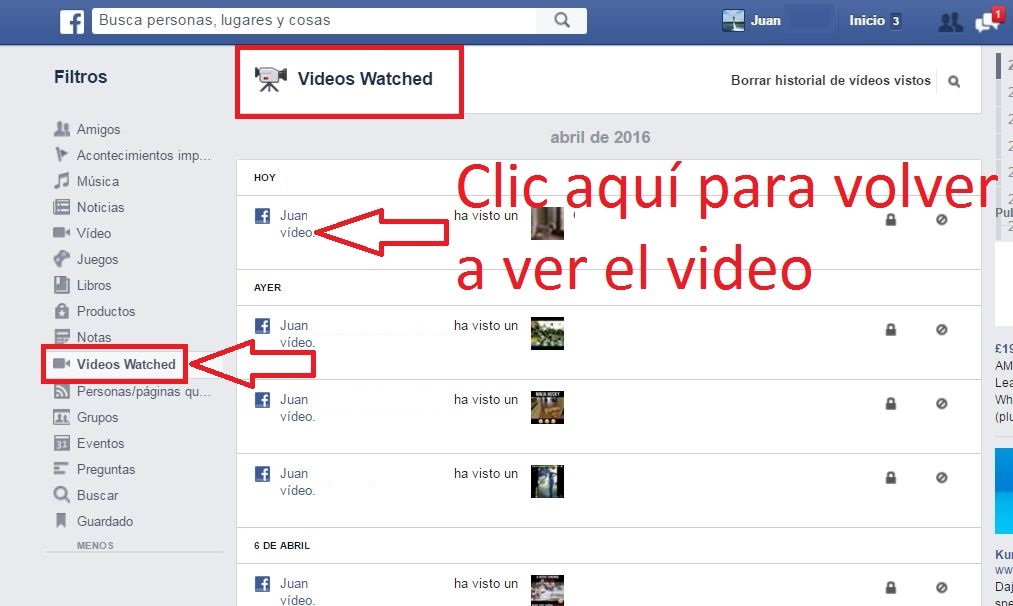 Historial de videos visualizados en Facebook 