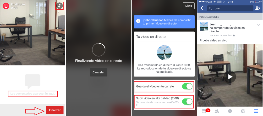 transmitir videos en vivo en la app de Facebook