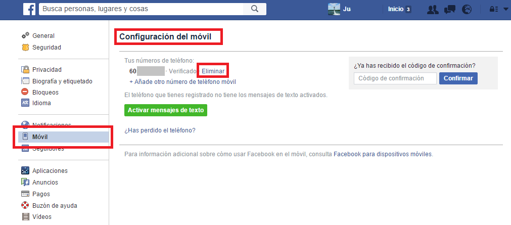 eliminar el telefono de la aplicación de Facebook messenger