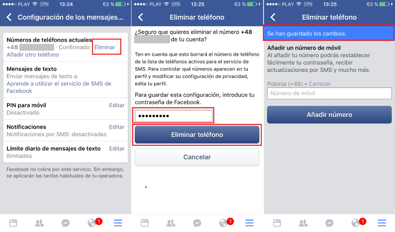 eliminar el numero de telefono de Messenger