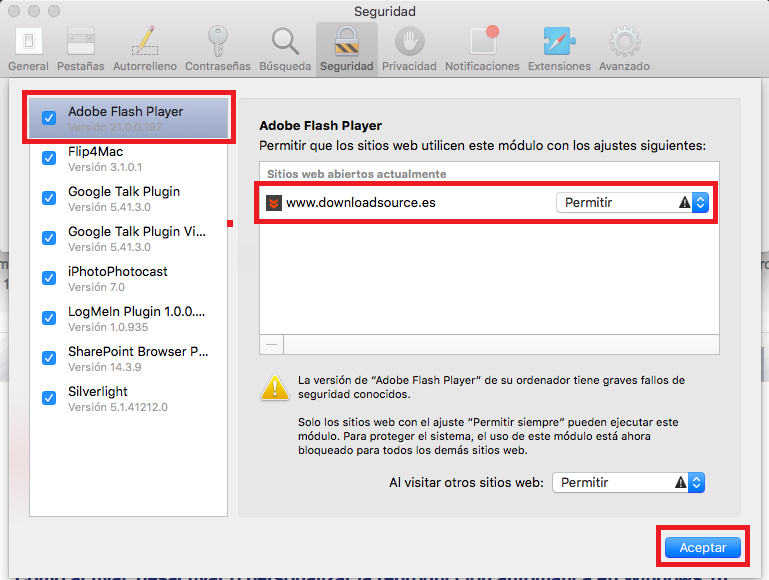 habilita el contenido flash en tu Mac OS X para tu navegador Flash