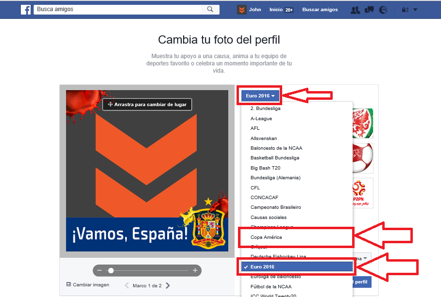 Apoya a la selección futbol en la Eurocopa o Copa America en tu perfil de Facebook