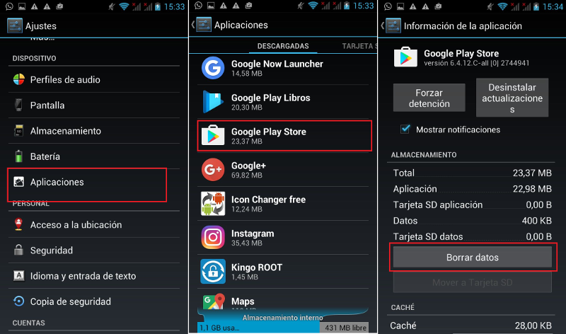 Borrar Datos de la aplicación de Google Play para solucionar errores