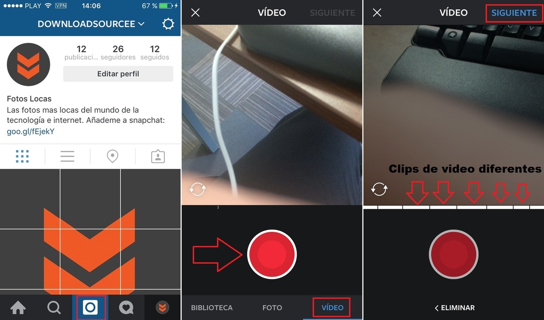 grabar clips y unirlos para generar un video desde la app Instagram para iOS