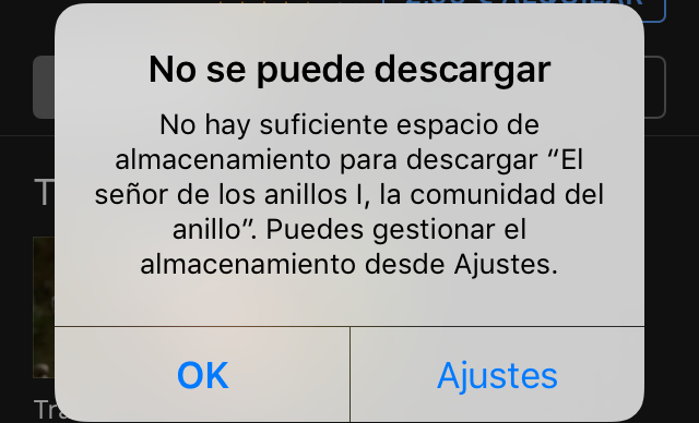 No se puede Descargar. No hay suficiente espacio de almacenamiento para descargar “Nombre del elemento a descargar”. Puedes gestionar el almacenamiento desde Ajustes.