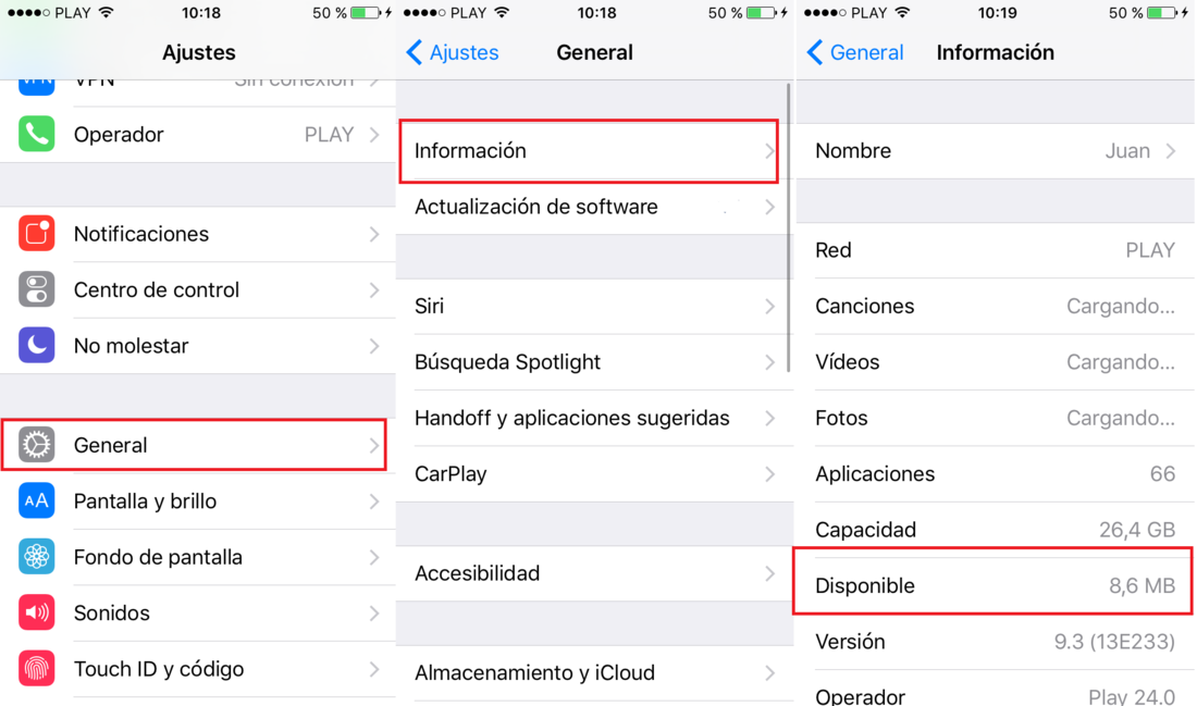 Comprobar el espacio de almacenamiento disponible en iPhone