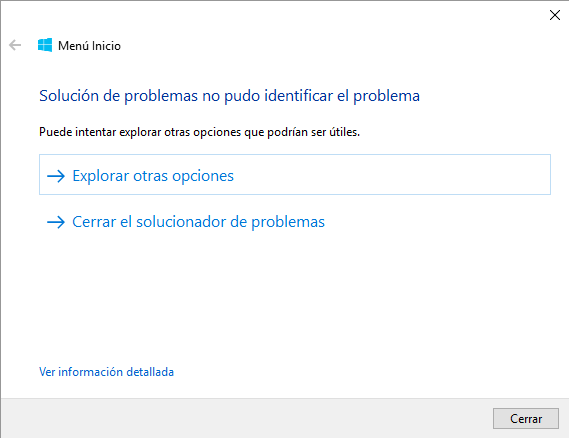 solucionador del menu de inicio de windows 10 con la herramienta oficial de Microsoft