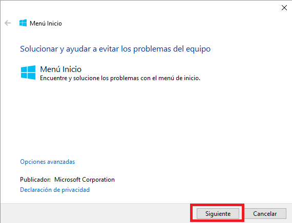 Buscar y solucionar los problemas del menu de inicio de Windows 10 con: Start Menu Troubleshooter