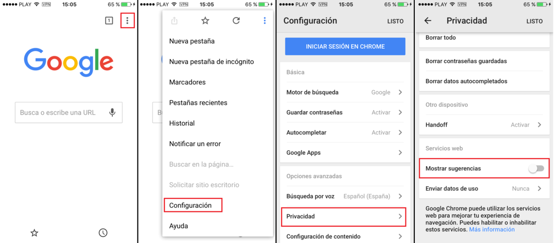 Desactivar las sugerencias de busqueda de Google en chrome app