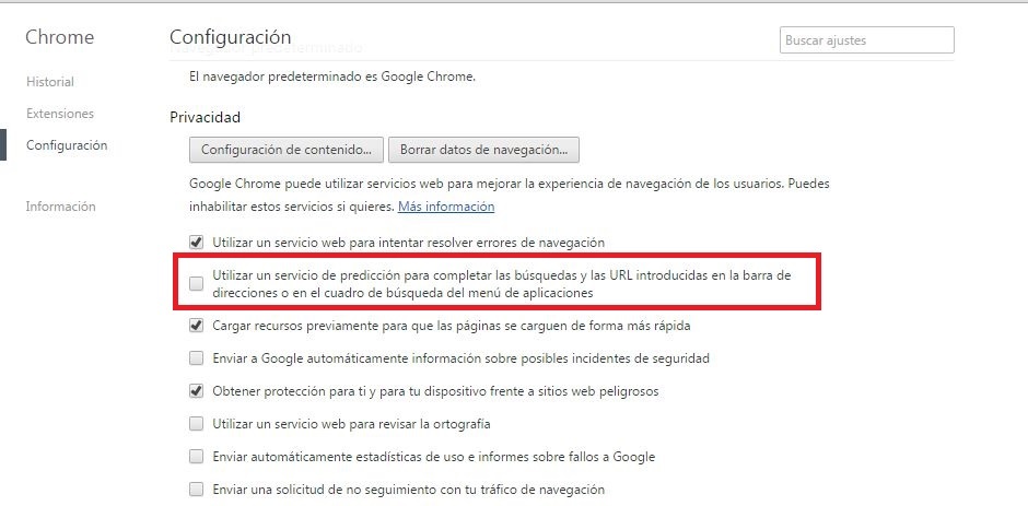Desactivar las sugerencias de google en Chrome para escritorio
