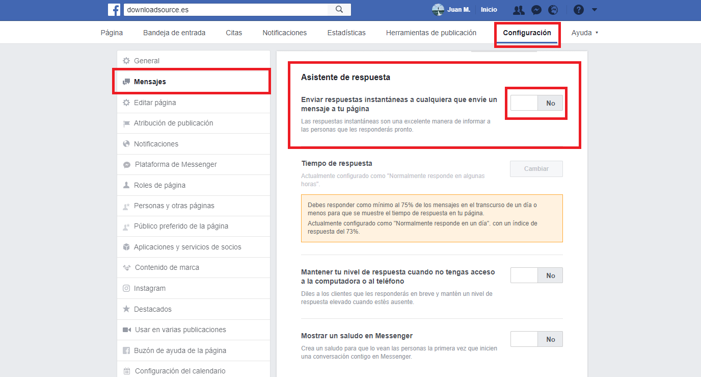 Mensajes privados de Facebook, respuestas automáticas