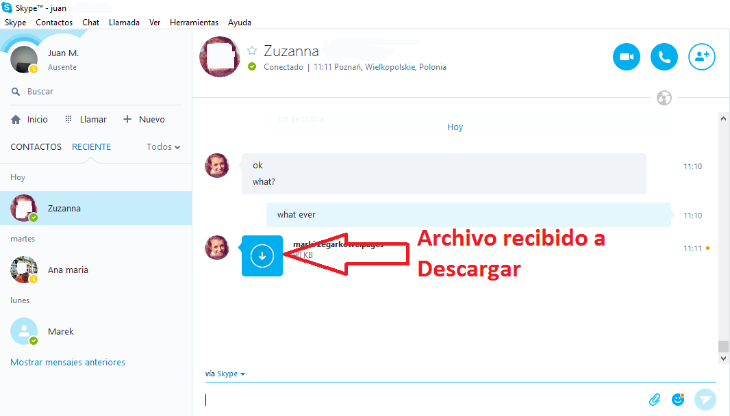 cambio de carpeta de descarga de archivos de Skype