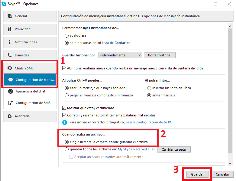 preguntar siempre donde se guardan los archivos recibidos de Skype