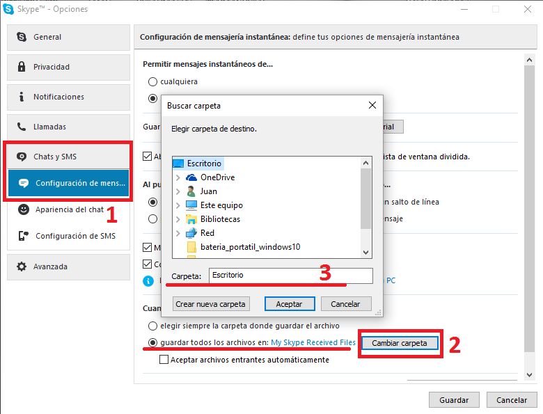 Seleccionar la carpeta donde se almacenan los archivos descargados de Skype.