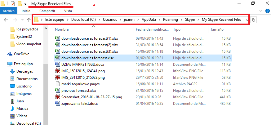 cambiar carpeta donde se guardan los archivos descargados desde Skype