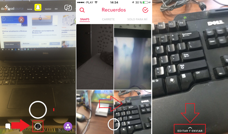 guardar fotos de snapchat en la galeria del telefono tras la actualización con Recuerdos