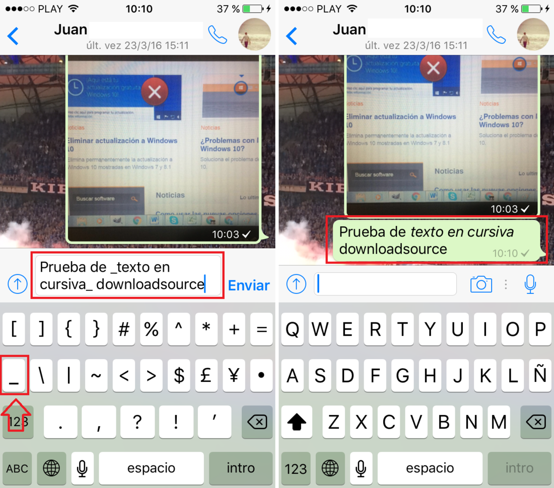 como escribir y enviar texto en cursivas a traves del chat de whatsapp