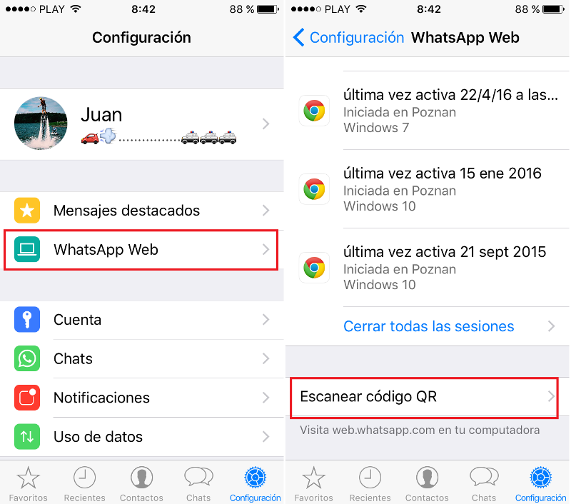 Escanea el codigo QR de tu ordenador con Windows desde la app de Whatsapp de tu smartphone o iPhone