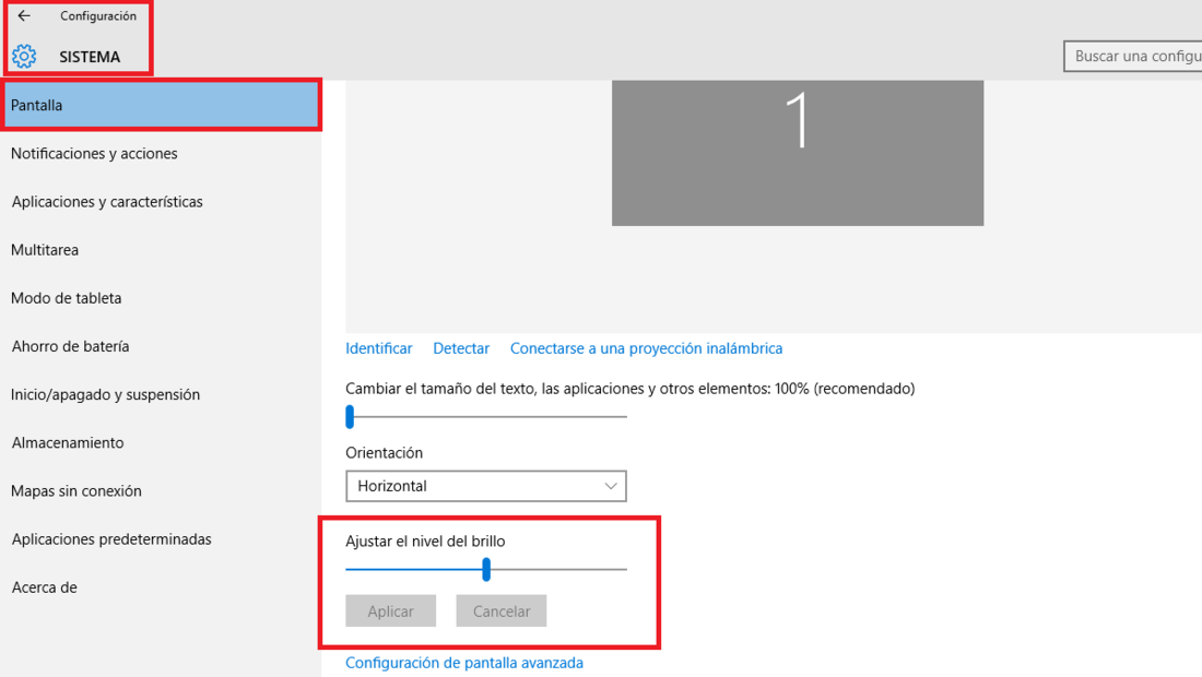 Ajuste del brillo desde la aplicación Configuración de Windows 10