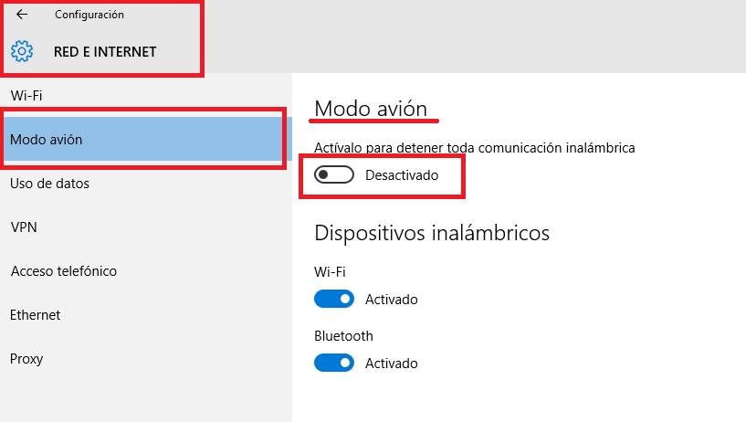 Windows 10 y el modo avion no permite la conexion a internet