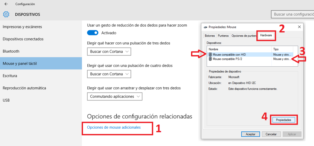 gestos en el panel tactil del ordenador Windows 10