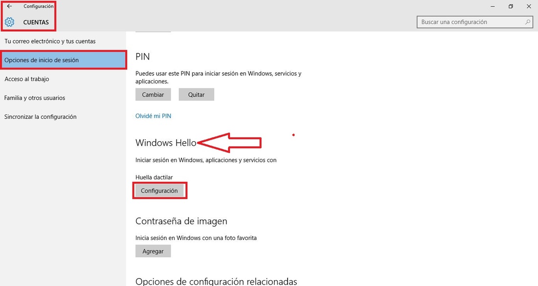 Configuracion de huella dactilar Windows Hello