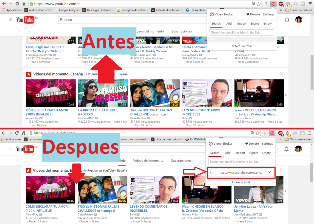 Antes y después de bloquear un canal de Youtube o a un Youtuber