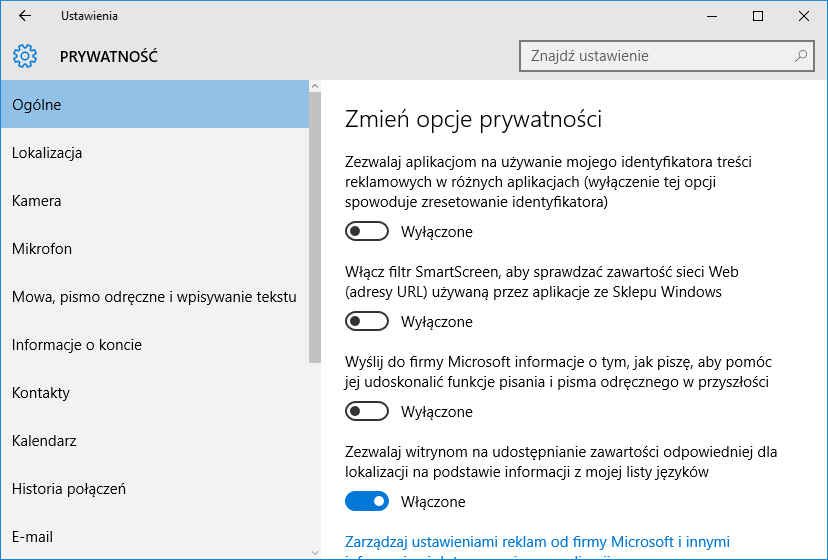 Ustawienia ogólne bez komunikatu o zarządzaniu przez organizację