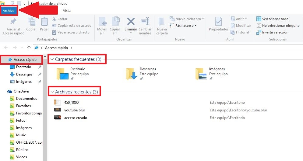Archivos recientes y carpetas frecuentes en windows 10