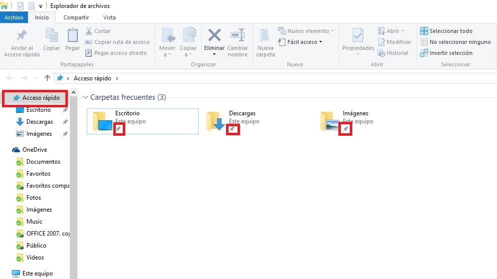 archivos recientes y carpetas frecuentes ancladas en el explorador de Windows 10