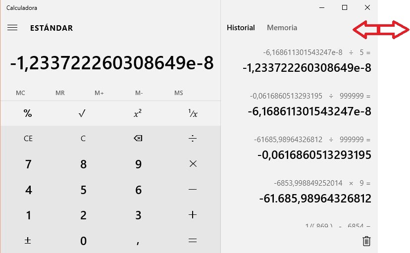 Historial de resultados y operaciones de la calculadora de windows 10 en tiempo real