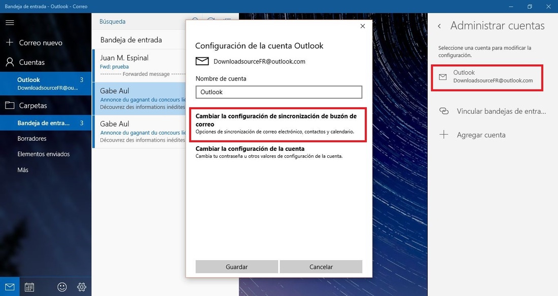 desvincular correo electronico de la app Correo de windows 10