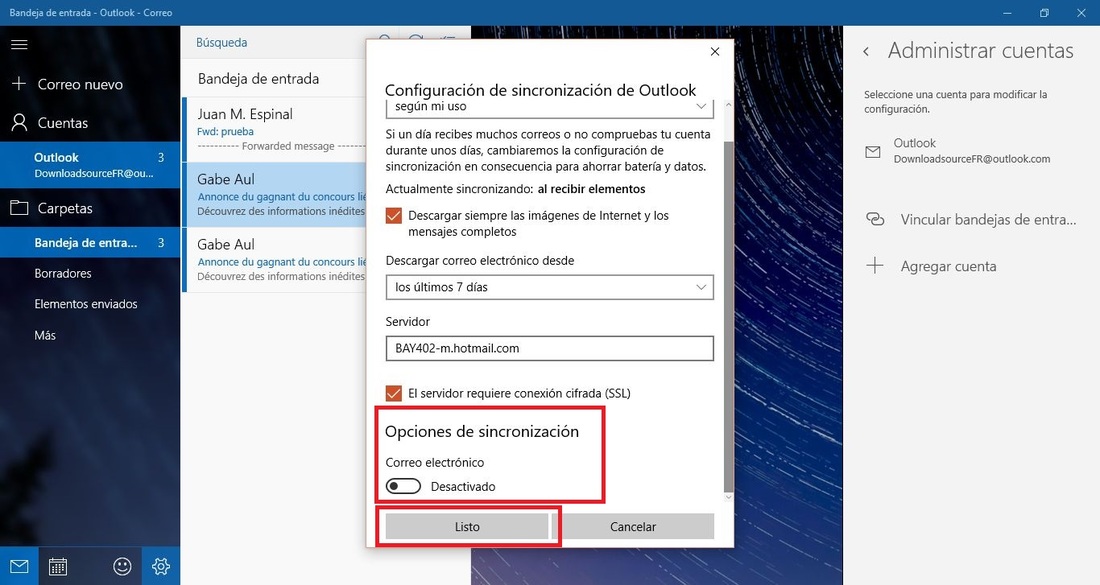 No sincronizar correos electrónicos en la app Correo de Windows 10