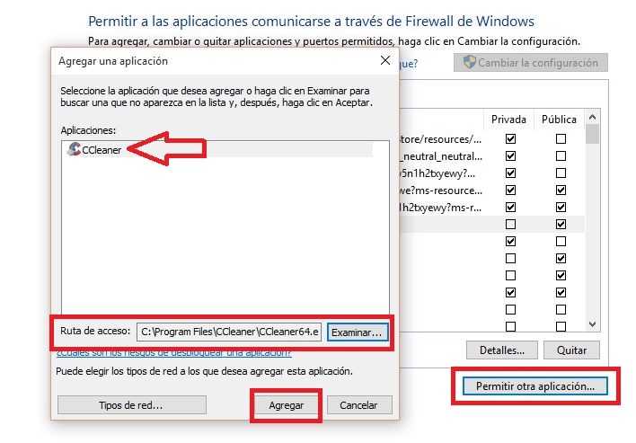 Agregar programas para el acceso a través del Firewall de Windows