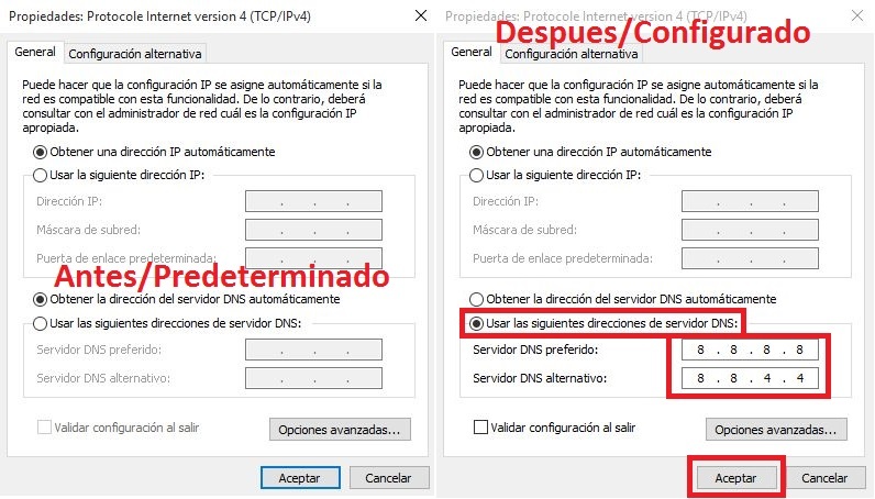 Configura IPv4 de windows 10 con las DNS de Windows 10