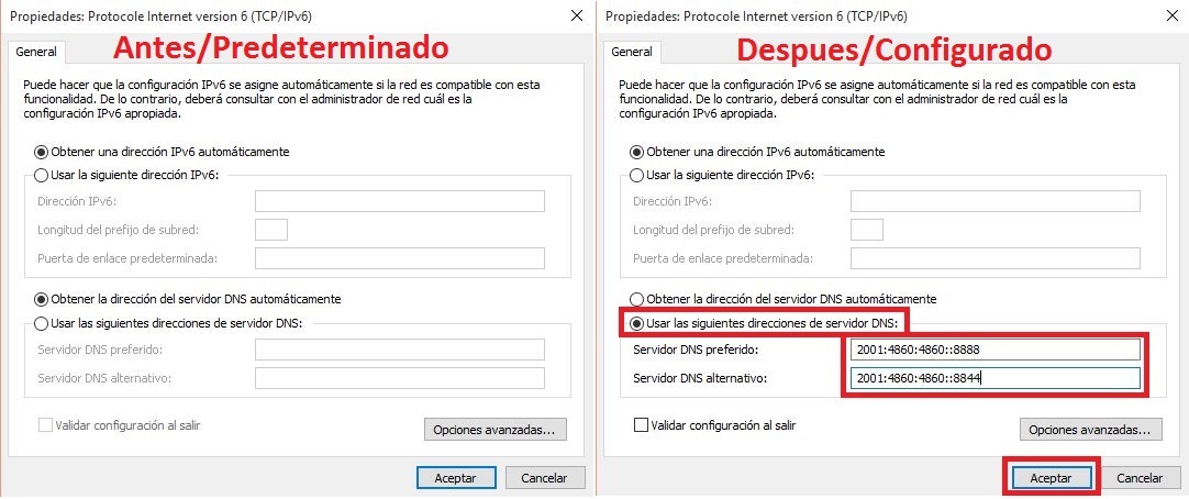 Configura IPv6 de windows 10 con las DNS de Windows 10