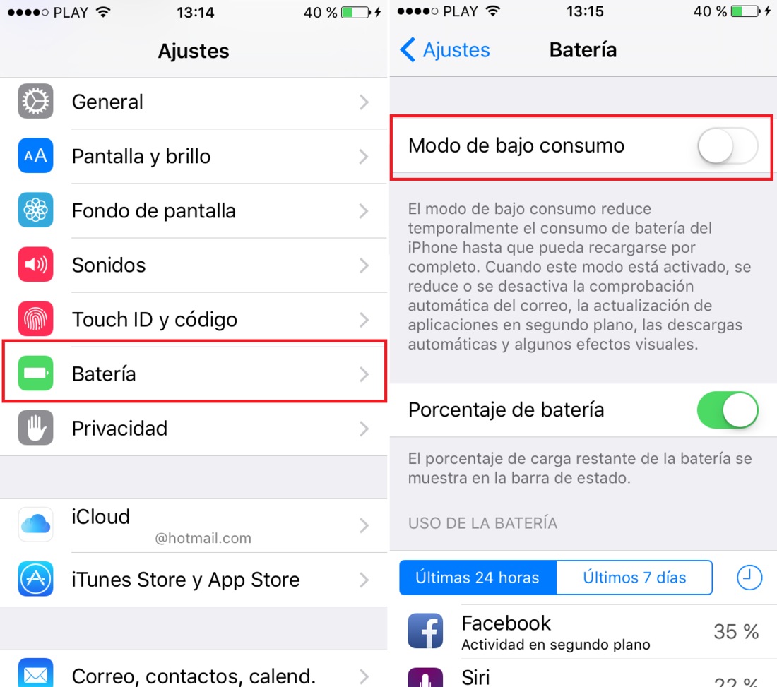 Activar el modo ahorro de bateria en iOS
