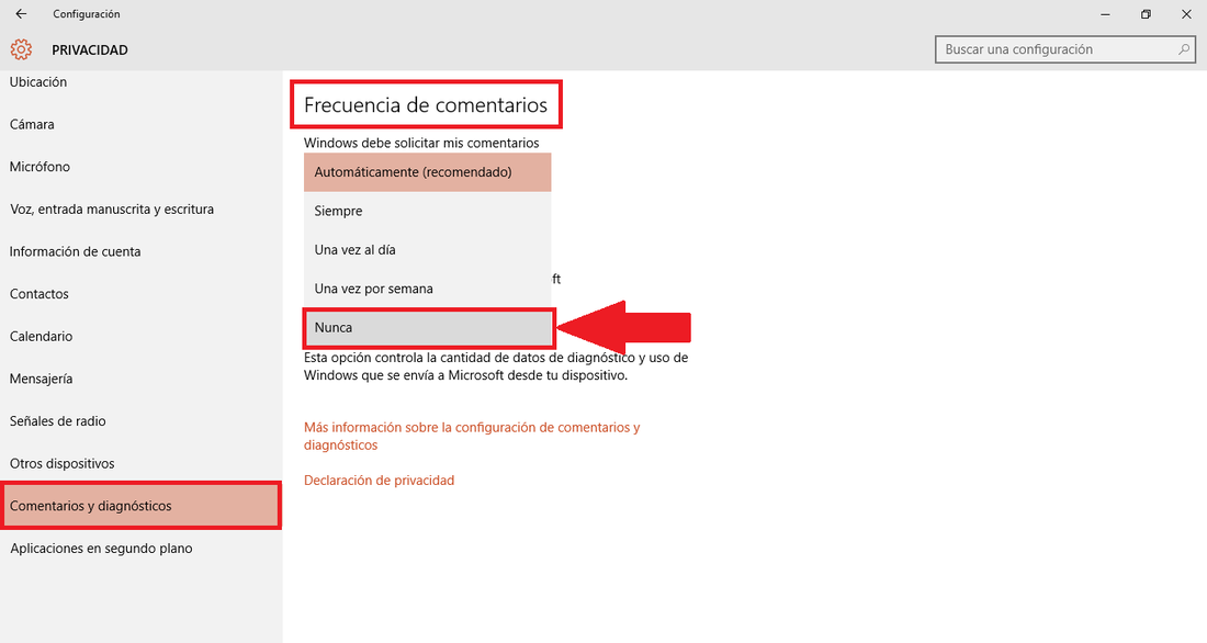 desactivar la configuración de comentarios de Windows 10