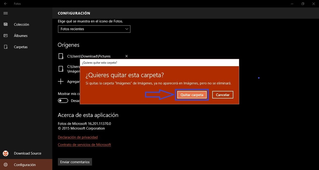 Eliminar las carpetas de fotos que se muestran en la app de windows 10