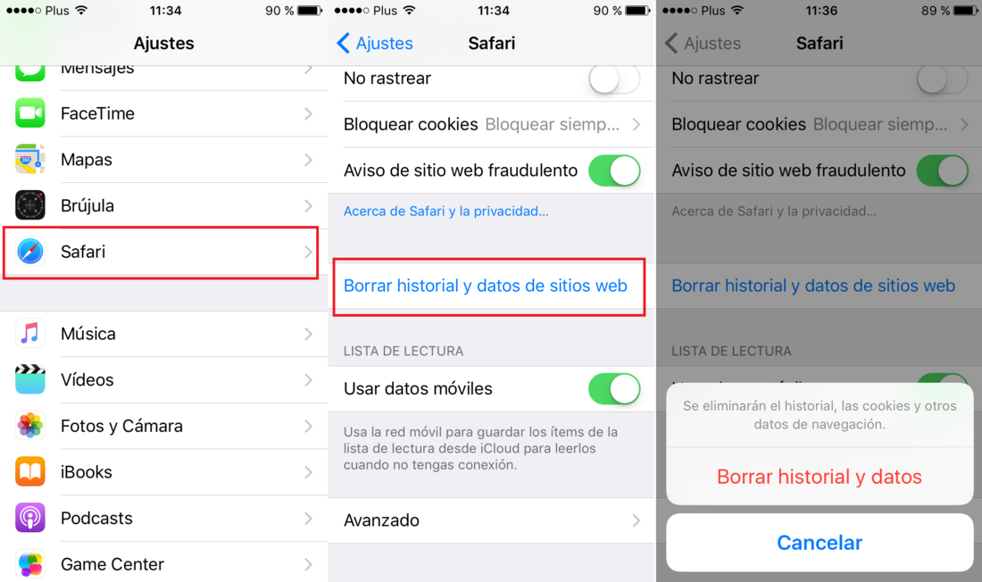 Borrar el historial de sitios Web que se almacenan en el navegador Web Safari