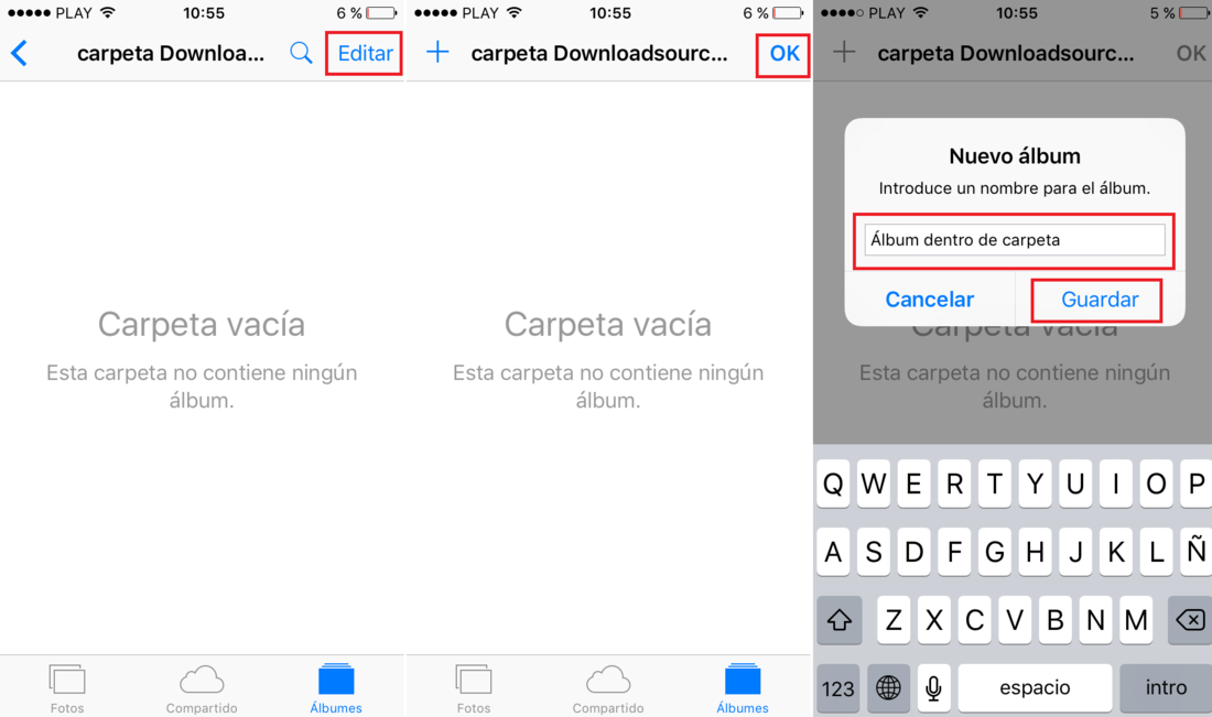 Crear álbum dentro de una carpeta en iPhone o iPad con iOS